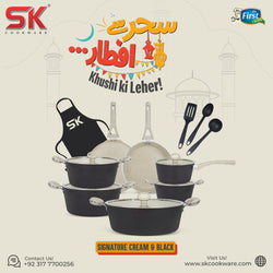 16 Pieces Non Stick Marble Coated Gift Signature Cookware Set - Black & Off White