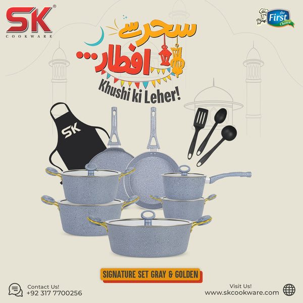 16 Pieces Marble Coated Gift Pack Signature Cookware Set [Golden Handle]