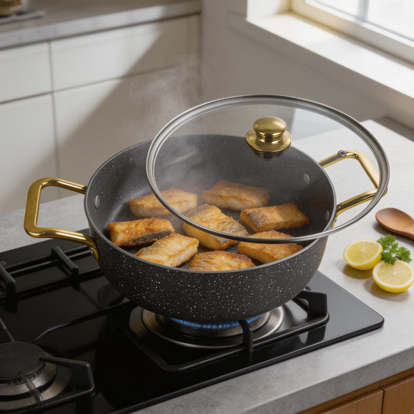 Marble Coated Non-Stick Fish Pot with Golden Handles