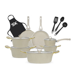 16 Pieces Marble Coated Gift Pack Signature Cookware Set [Golden Handle]