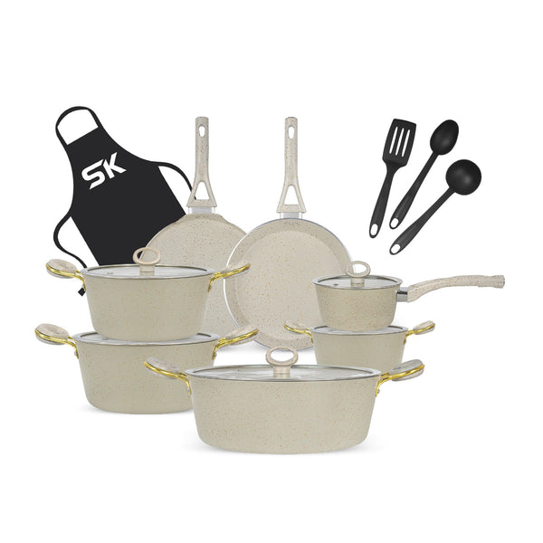 16 Pieces Marble Coated Gift Pack Signature Cookware Set [Golden Handle]