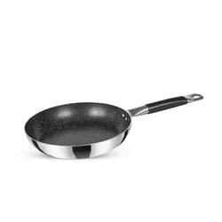 Stainless steel frying pan with speckled non-stick coating on a white background