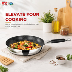 Frying pan with food on a kitchen counter, featuring SK Frying Pan branding.