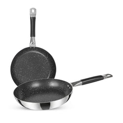 Two frying pans with speckled non-stick surface on a white background