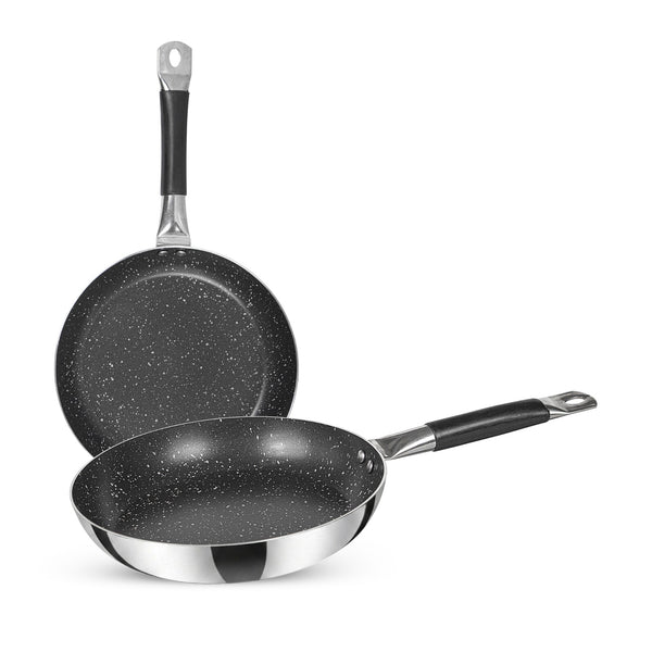 Two frying pans with speckled non-stick surface on a white background