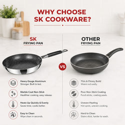 Comparison chart of SK cookware frying pan versus other frying pan on a white background.