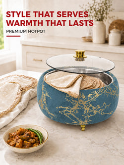 Premium Blue & Gold Hotpot – Stylish Food Warmer with Glass Lid