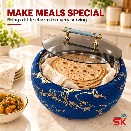 A decorative ceramic serving bowl with a clear glass lid and gold floral detailing, shown on a kitchen counter with flatbread inside. Promotional text at the top reads 'MAKE MEALS SPECIAL' and a '5K Crockpats' logo appears in the bottom right corner.