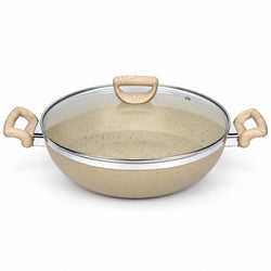 A beige speckled non-stick wok with a clear glass lid and light wood handles, shown on a clean white background.