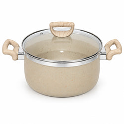 A speckled beige non-stick pot with a clear glass lid and light wood handles, shown on a clean white background.