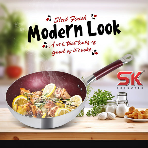 Mirror Polish Steno Deep Wok Frying Pan inside Marble Coat