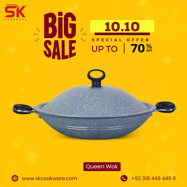 Non Stick Marble Coated Queen Wok - Grey