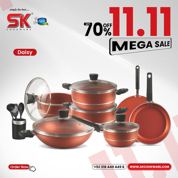 16 Pieces Marble Coated Gift Pack Daisy Cookware Set - Copper