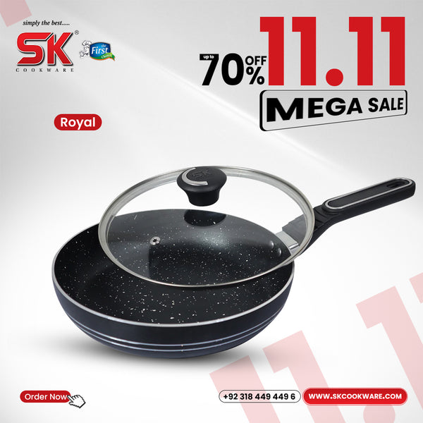 Non Stick Marble Coated Royal Frypan with Glass Lid - Black