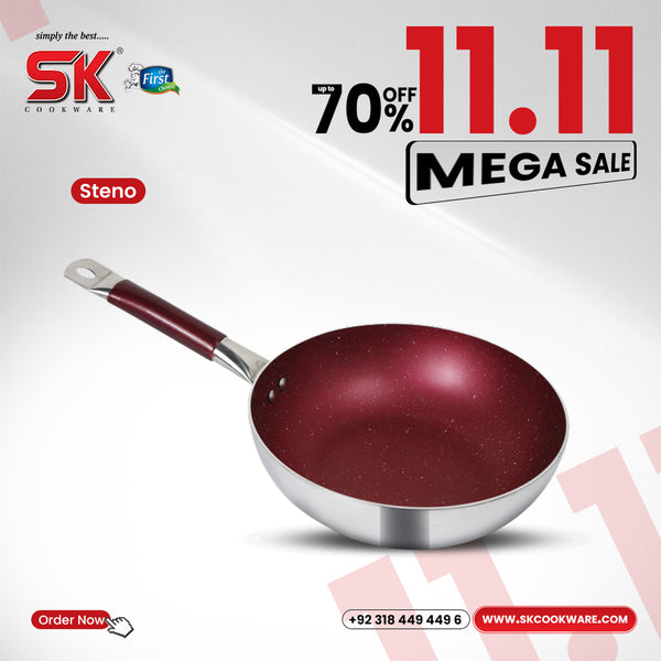 Mirror Polish Steno Deep Wok Frying Pan inside Marble Coat