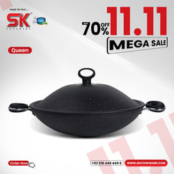 Non Stick Marble Coated Queen Wok - Black