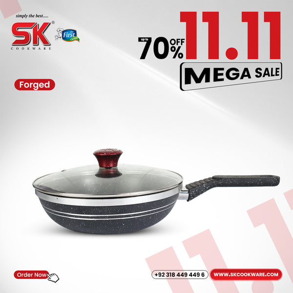 Black Marble Coated Forged Deep Frypan with Glass Lid