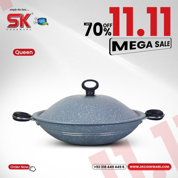 Non Stick Marble Coated Queen Wok - Grey