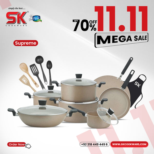 18 Pieces Non Stick Marble Coated Supreme Gift Pack Set Beige