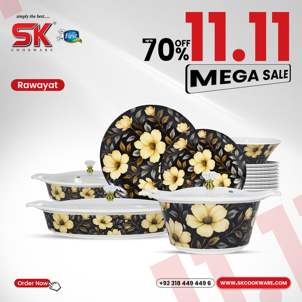 69 Pieces Melamine Rawayat Dinnerware Set with Glass Top [8 Person Serving] - Black