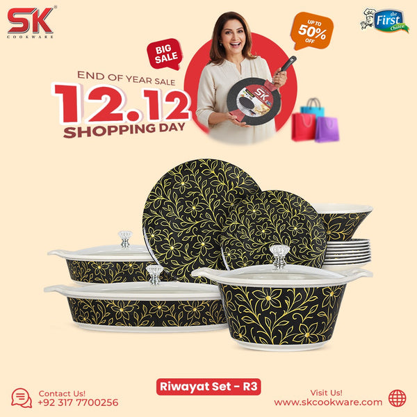 69 Pieces Melamine Rawayat Dinnerware Set with Glass Top [8 Person Serving] - R03