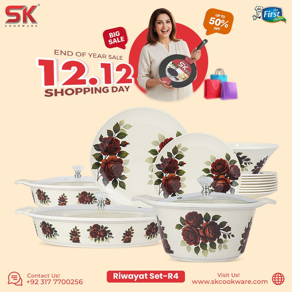 69 Pieces Melamine Rawayat Dinnerware Set with Glass Top [8 Person Serving] - R04