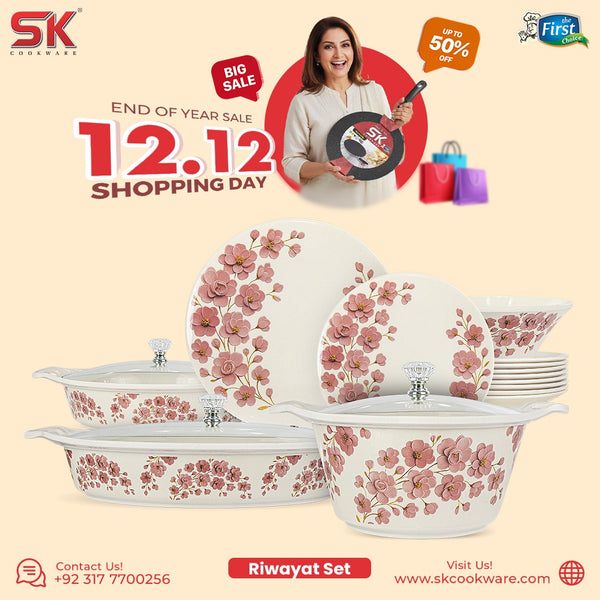 69 Pieces Melamine Rawayat Dinnerware Set with Glass Top [8 Person Serving] - R09
