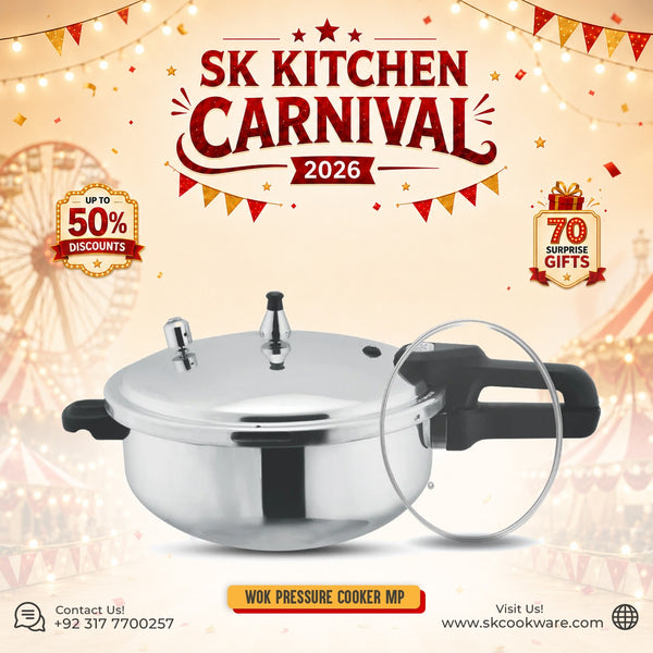 2 in 1 Mirror Polish Wok Pressure Cooker with Free Glass Lid | Best Pressure Cooker Pakistan | SK Cookware