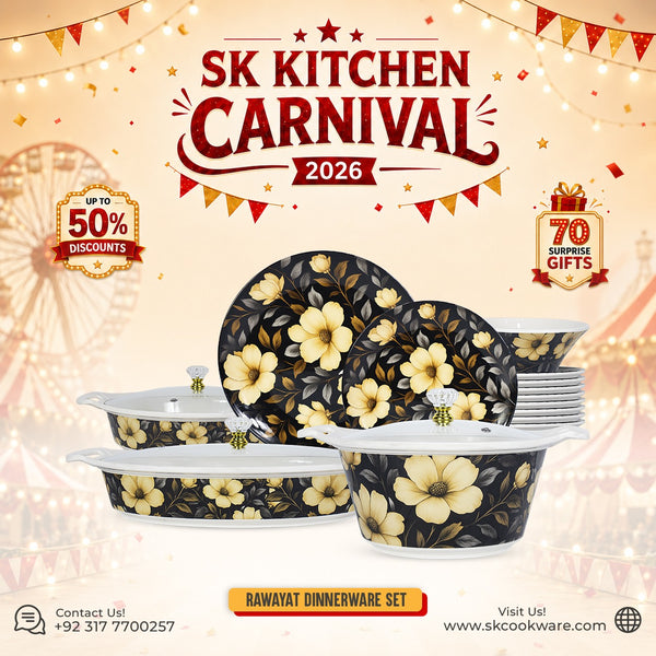 69 Pieces Melamine Rawayat Dinnerware Set with Glass Top [8 Person Serving] - R01