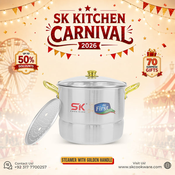 Heavy Gauge Aluminum Steamer with Glass Lid [Golden Handle]