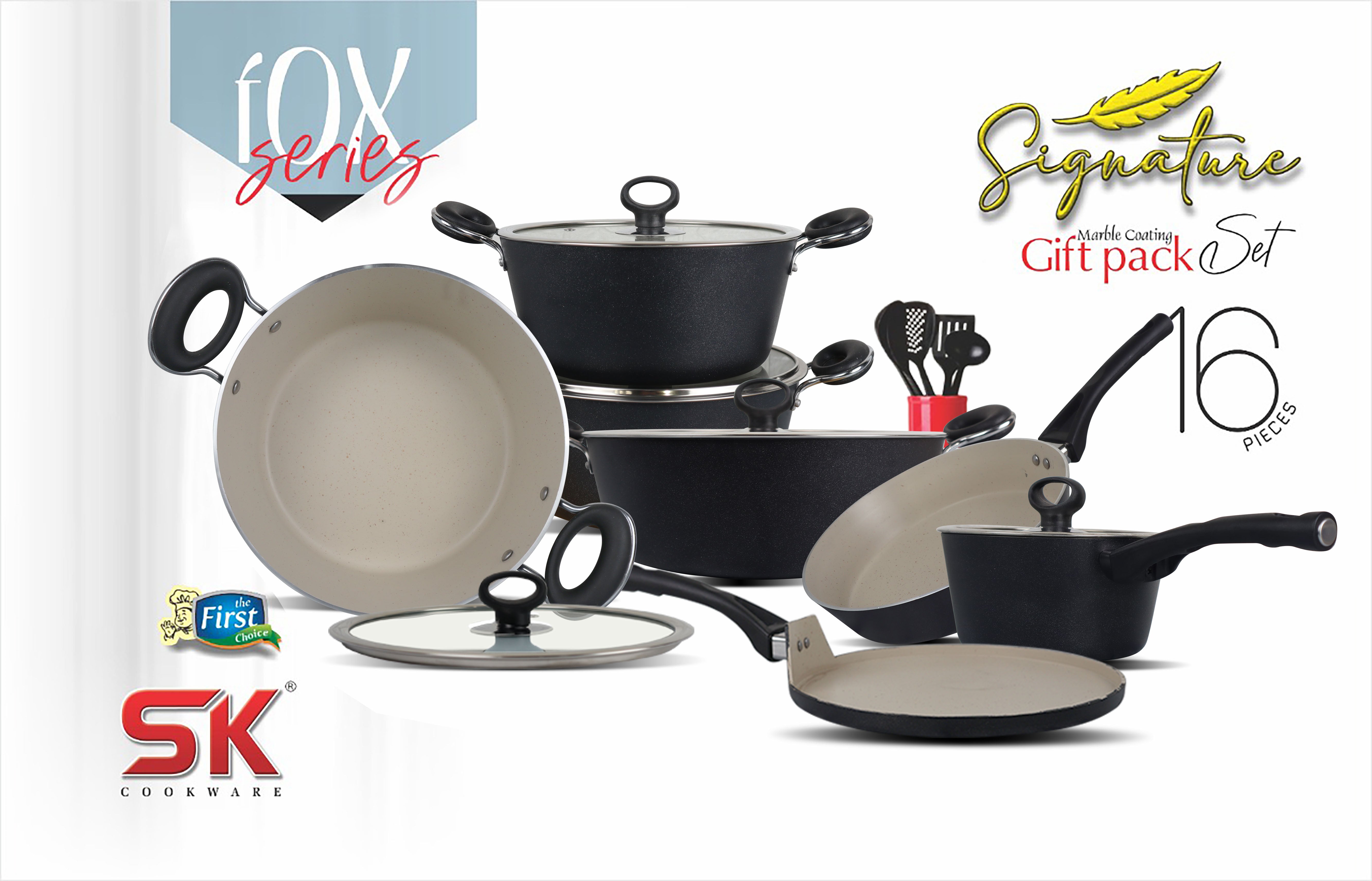 16 Pieces Non Stick Marble Coated Gift Signature Cookware Set - B&B