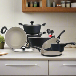 16 Pieces Non Stick Marble Coated Gift Signature Cookware Set - B&W