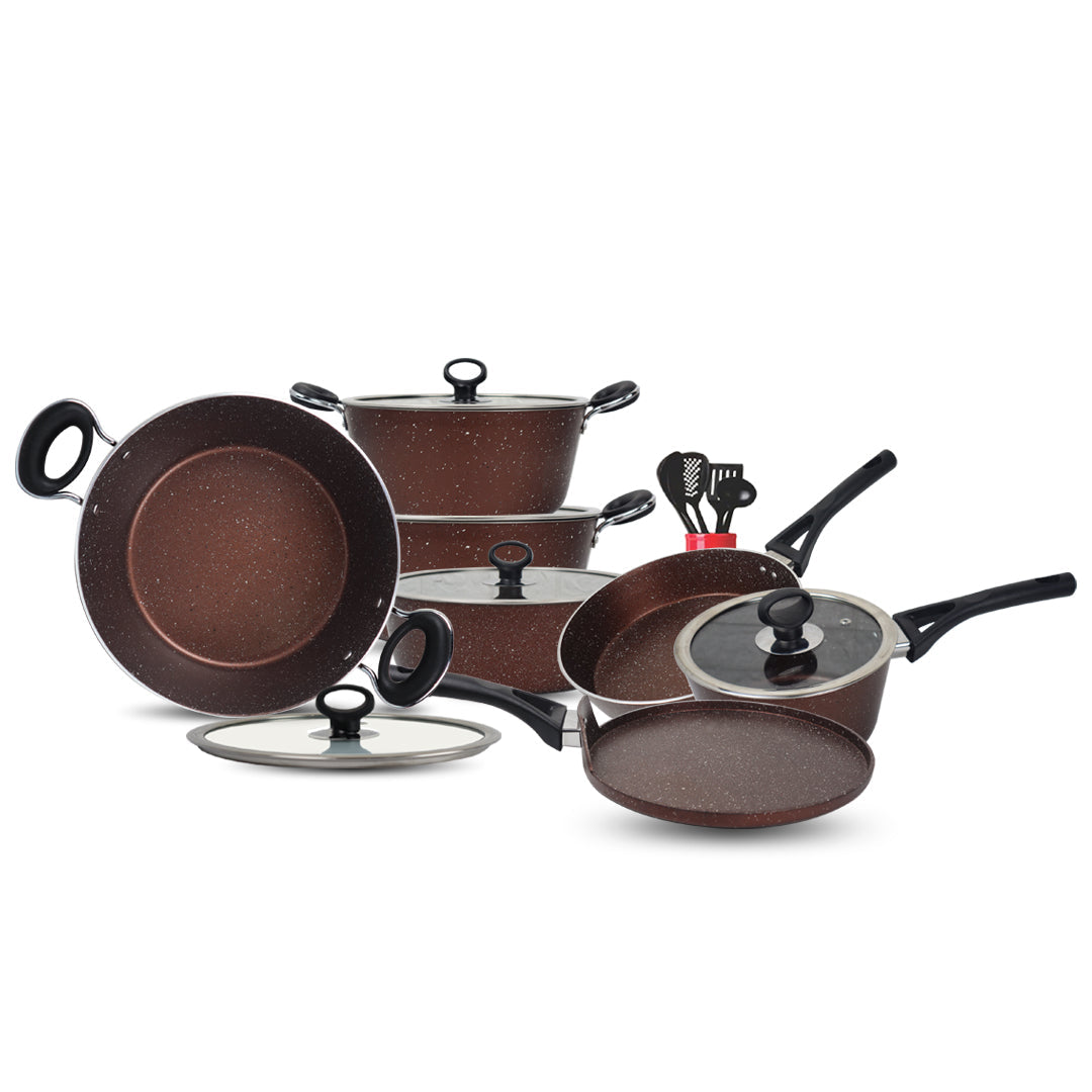 16 Pieces Marble Coated Gift Pack Signature Cookware Set - Chocolate