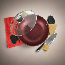 Marble Coated Wok (Karahi) with Glass Lid - Maroon - Skcookware