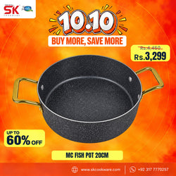 A promotional product graphic for an MC Fish Pot 20cm. The pot is black with a fine white speckled pattern and has gold-colored handles, set against a bright orange and yellow background with various promotional text overlays and discount badges.
