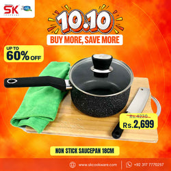 A promotional product image for a 18cm non-stick saucepan with lid, shown on a wooden board with a green cloth and knife against an orange promotional background. The ad includes large text such as '10:10', 'BUY MORE, SAVE MORE', 'UP TO 60% OFF', and price details, plus the SK Cookware logo.