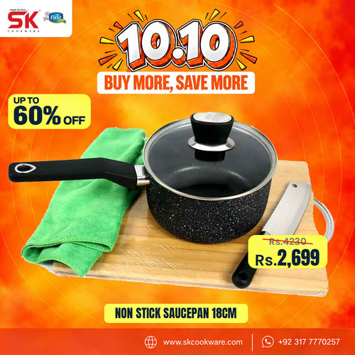 A promotional product image for a 18cm non-stick saucepan with lid, shown on a wooden board with a green cloth and knife against an orange promotional background. The ad includes large text such as '10:10', 'BUY MORE, SAVE MORE', 'UP TO 60% OFF', and price details, plus the SK Cookware logo.