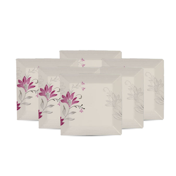 Set of 6 Square Shape Double Glaze Lavish Rice Plates - Pink Lily