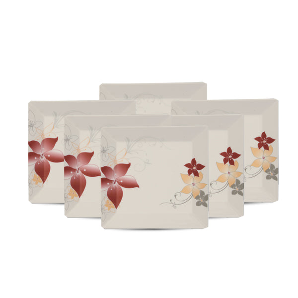 Set of 6 Square Shape Double Glaze Lavish Rice Plates - Mallow Flowers