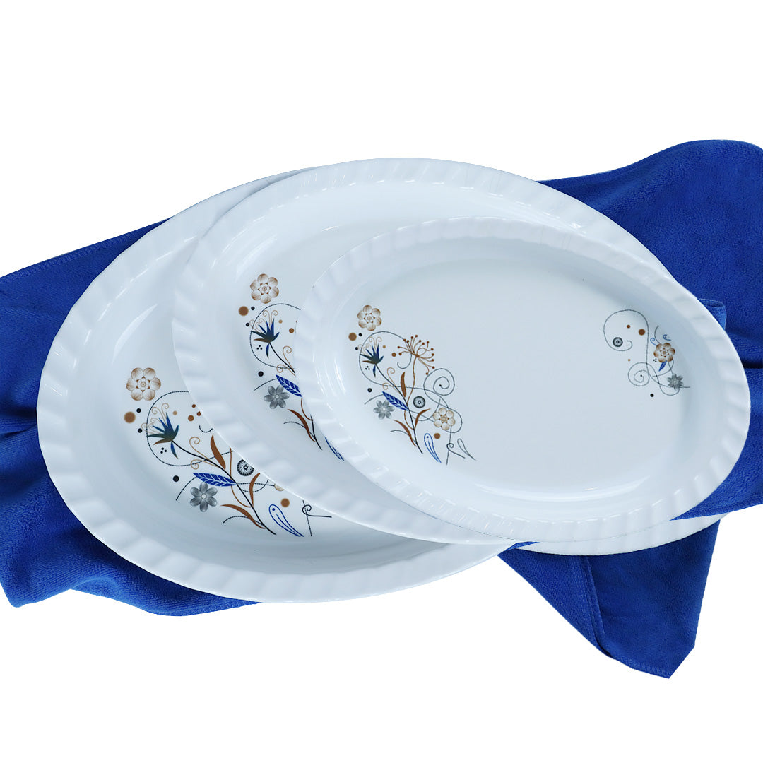 Set of 3 Melamine Single Glaze Oval Shape Trays for Snacks Serving/ Rice/ Salad/ BBQ/ Tea Plate – 4314/18