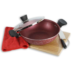 Marble Coated Wok (Karahi) with Glass Lid - Maroon - Skcookware