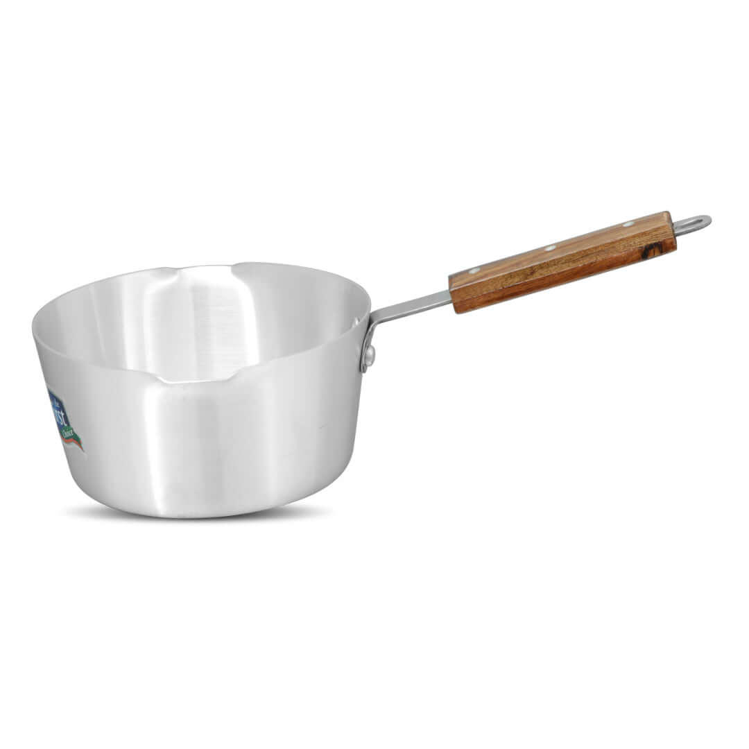 Aluminum Double Spout Milk Pan with Easy Grip Wooden Handle